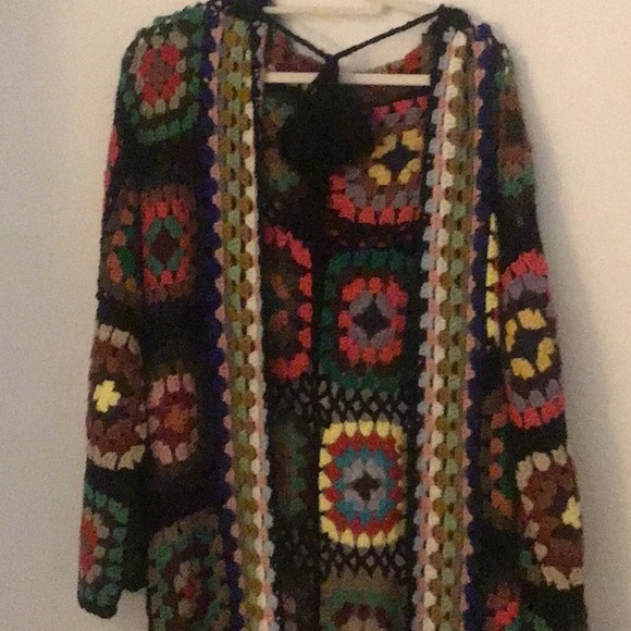 Multicolor Crochet Granny square hooded maxi cardigan one size - Picture 2 of 12